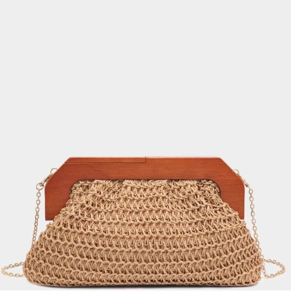 Summer Straw Clutch with Wooden Frame in Tan
